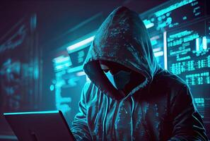 Hacker in the black hood in the server room. Unrecognizable people. Technology and Cybersecurity and Criminal concept. photo