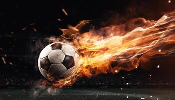 Burning football with fire effect on dark stadium football field background. Sport and leisure game tournament concept. Generative AI photo