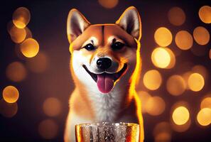 contento shiba inu perro con tostado vino vaso en fiesta y dorado bokeh ligero antecedentes. animal y mascota concepto. digital Arte ilustración. generativo ai foto