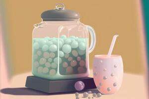 glass jar filled with bubbles next to a cup. . photo