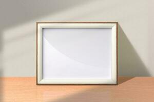 Small landscape photo frame mockup. Wooden frame mockup on the table with shadow overlay effect. Simple, clean, modern, minimal empty poster frame mock up. White picture frame mockup