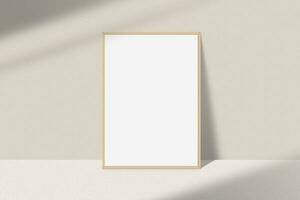 Realistic portrait photo frame mockup. Wooden frame mockup on the table with light window shadow overlay effect. Simple, clean, modern, minimal empty poster frame mock up. White picture frame mockup