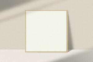 Realistic square photo frame mockup. Wooden frame mockup on the table with light window shadow overlay effect. Simple, clean, modern, minimal empty poster frame mock up. White picture frame mockup