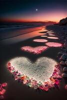 beach with pebbles arranged in the shape of a heart. . photo