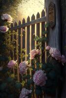 painting of pink roses growing next to a wooden fence. . photo