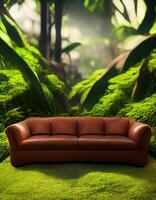 sofá sentado en parte superior de un lozano verde campo. generativo ai. foto
