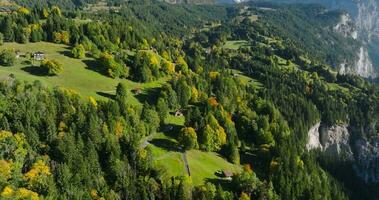 Aerial view of the beautiful Swiss nature in Lauterbrunnen valley in Switzerland video