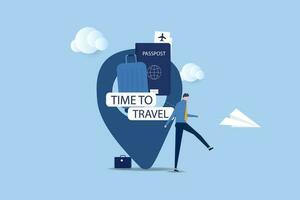 Businessman time to travel banner. Trip banner with passport, tickets, travel bag.Vector Illustrations. vector