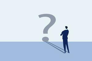 Businessman looking at self shadow as question mark sign.Confusion, uncertainty or self doubt, finding meaning in live, question to answer or searching solution to solve problem concept, curios vector