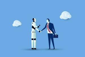 businessman shakes hands with robot as sign of friendship between humans and artificial intelligence AI. Concept developing technologies equipped with artificial intelligence and neuron networks. vector