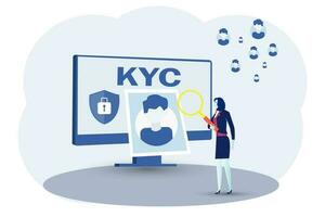 KYC or know your customer with business women verifying the identity of its clients concept at the partners-to-be through a magnifying glass vector illustrator.