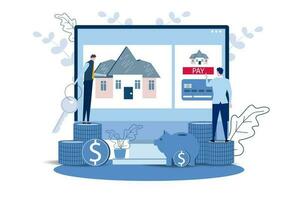 Buying a house online. businessman touching the button on monitor screen, buy a home paying by credit card. people, piggy bank. Property online purchase concept. vector