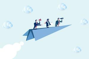 Business group flying on paper plane, business vision. paper plane and businesspeople. Vector illustration.