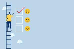 Customer feedback, Quick survey design concept. Businessman character standing on ladder and fill white tick checkbox on face emotions in happiness symbol for best service ranking.vector illustration. vector