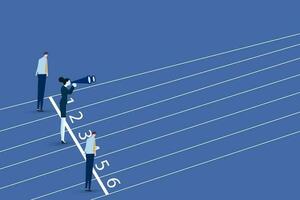 Business competition,businessmen and businessmen on running track. Competitor symbol. gender equality challenge leadership  vector illustration.
