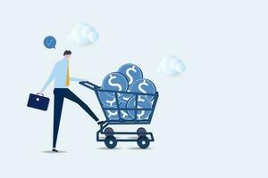 businessman with load of money golden coin in cart.Success investor, rich man making money from business or investment, income and revenue, budget, saving or profit concept. vector