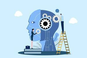 Businessman or businesswoman  with Gears at Huge Cyborg Head. Artificial Intelligence, Machine Learning and Training Concept, Robotic Process Automatization, Ai. People Vector Illustration.