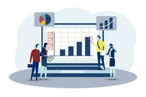 Team business performance Data analysis. Diagrams for SEO. Marketing research charts. Business team use magnifying glass and productivity tools to analyze charts. illustration vector