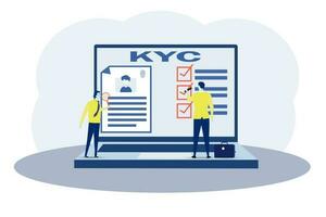 KYC or know your business with customer verifying the identity of its clients concept at the partners-to-be through a magnifying glass vector illustrator