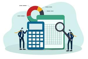 Business people accountants with calculator, spreadsheet producing reports, Accounting and finance audit, calculate budget, profit and loss, produce report graph from data, professional concept, vector