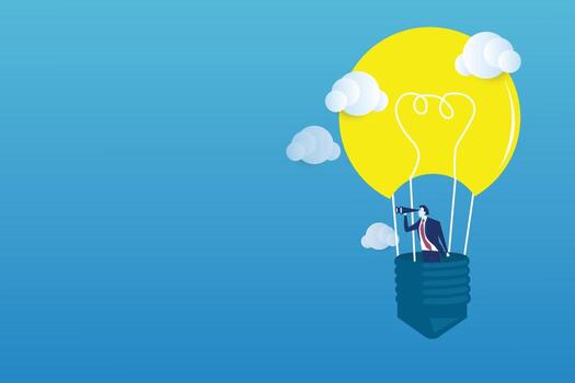 empresario mirando mediante el telescopio en globo ligero bombilla.vector ilustración. vector