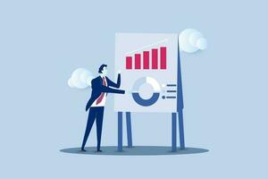 Businessman present graph with high improvement bar chart.Present company growth, boost profit or increase revenue, success investment or growing sales, report or improvement statistics concept. vector