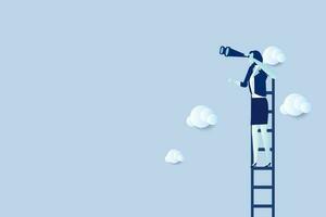 Business woman looking in binoculars standing on a ladder high in the clouds. Concept of search, vision, forecasting, future.vector illustration. Business woman with strategic thinking. vector