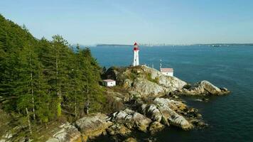 Aerial view of historical landmark Point Atkinson Lighthouse, West Vancouver video