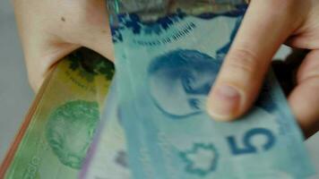 femelle mains compte canadien dollar factures, fermer. video