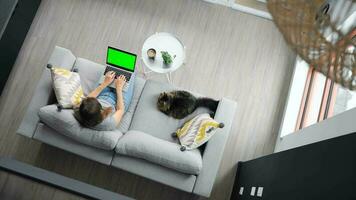 Overhead shot of woman using laptop with green mock-up screen video