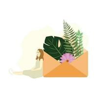 Illustration of a woman sitting pensively beside a letter vector