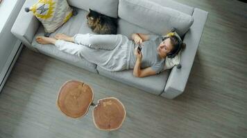 Frau im Kopfhörer Verwendet Smartphone und Schlaganfälle ein flauschige Katze video