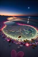 heart made out of rocks on a beach at night. . photo