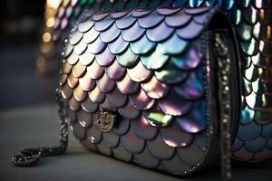 there is a silver purse with fish scale pattern on it. . photo