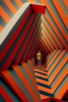 there is a man standing in room with large orange and grey striped wall. . photo