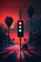 there is a traffic light that red and green on the street. . photo