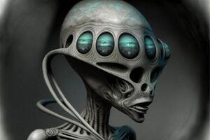 close up of an alien with green eyes. . photo