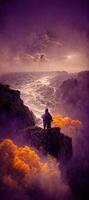 man standing on top of a cliff next to the ocean. . photo