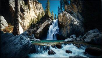 there is a waterfall in the middle of rocky gorge. . photo