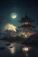 night scene with a pagoda and a full moon. . photo