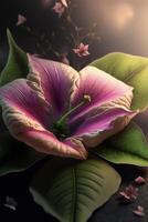 close up of a flower on a table. . photo