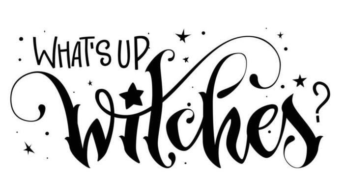 Modern hand drawn script style lettering phrase - Whats up Witches. Bold creative modern typography design element. Isolated Halloween themed inscription for print, poster, card, t-short purposes