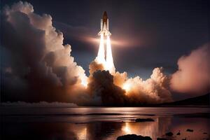 space shuttle taking off into the sky. . photo