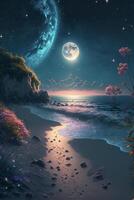 pintura de un playa a noche con un lleno Luna. generativo ai. foto