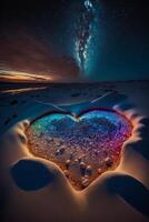 corazón hecho fuera de rocas en un playa a noche. generativo ai. foto