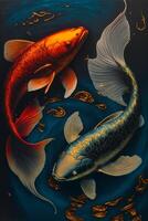 painting of two fish in a body of water. . photo