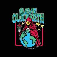 Save our earth. Vector illustration of a grim reaper wiht smiling face and holding rose.