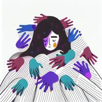 drawing of a woman surrounded by hands. . photo