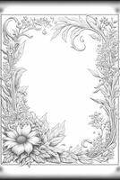 black and white drawing of a floral frame. . photo