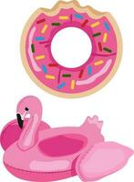 inflatable bright summer circle in the form of a donut and a flamingo, summer set vector